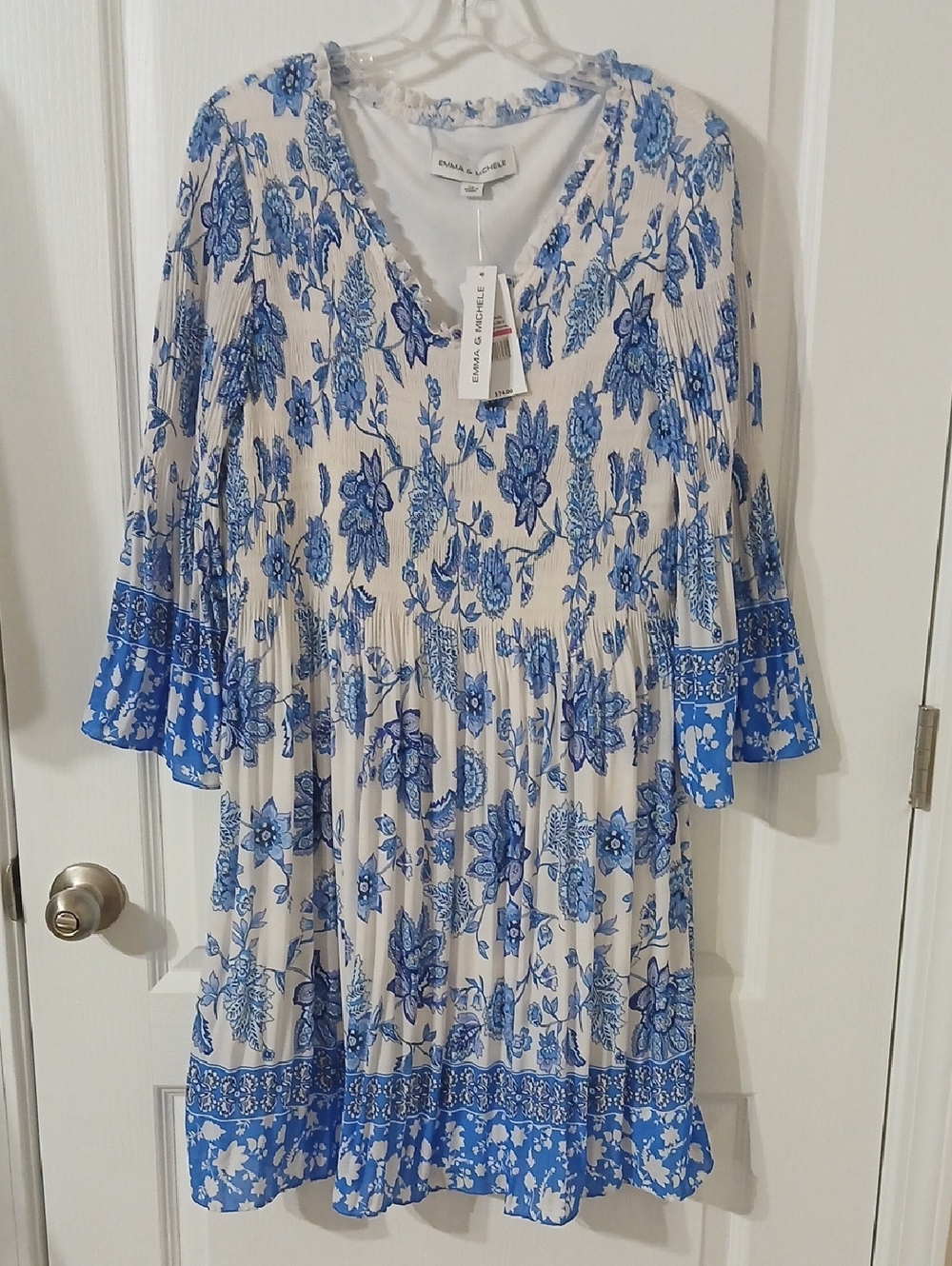 Emma & Michele White Dress with Blue Floral Design